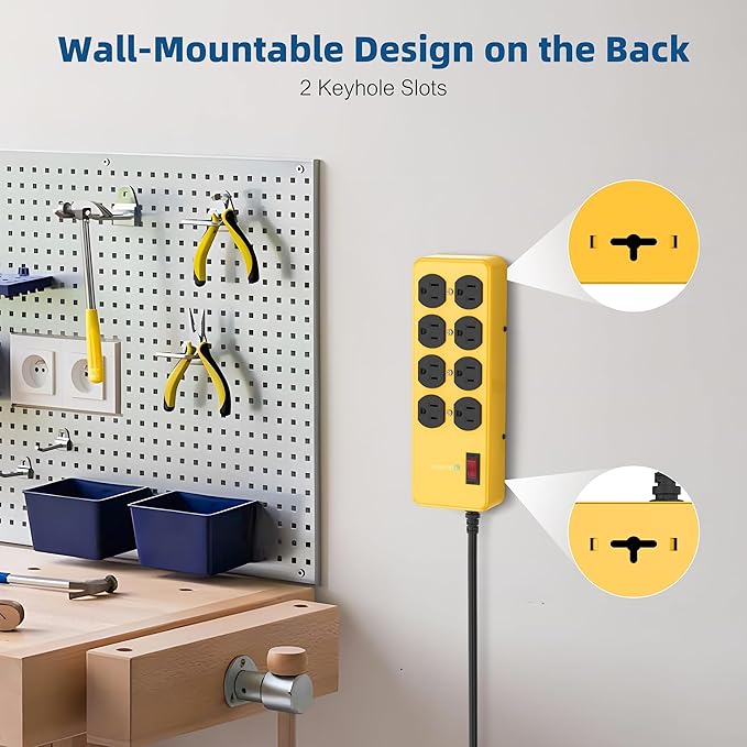Heavy Duty Power Strip,Industrial Heavy Metal Case Surge Protector,8 AC Outlets,15Amp,2700 Joules,Protected' Indicator,14 Gauge Cord (Yellow, 15FT Length)-DeskLoop Office