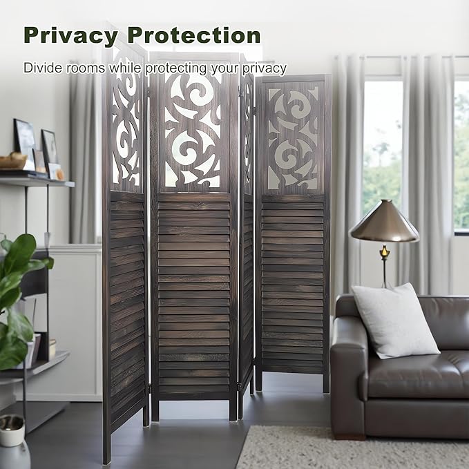 NicBex 4 Panel Room Divider,5.6FT Wood Carved Room Dividers,Folding Privacy Screens Portable Freestanding Partition Wall Dividers for Room Separation,Home Bedroom Office,Rustic Brown-DeskLoop Office