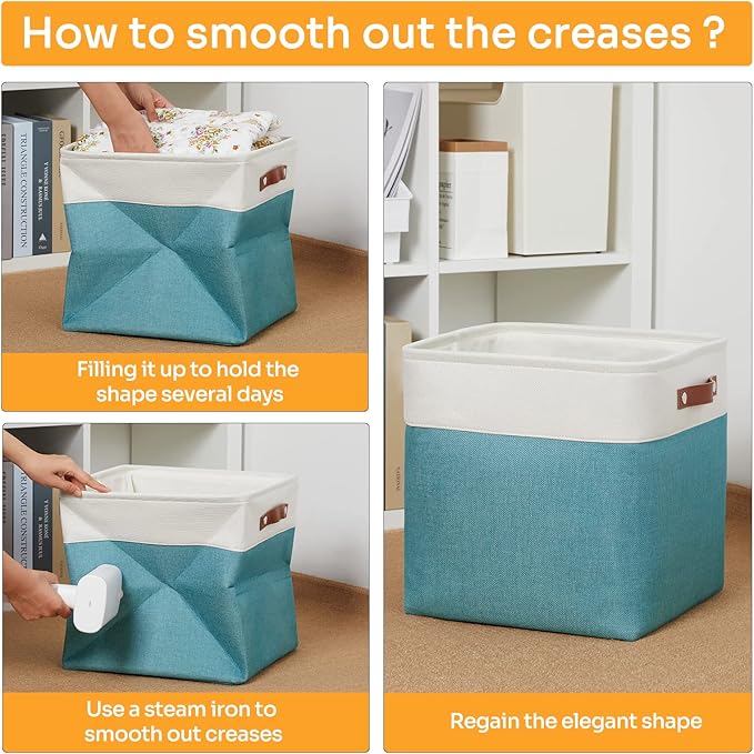 DULLEMELO Storage Bins for Organizing,Closet Storage Baskets for Gift Empty,Large Linen Canvas Storage Bins with Handles for Home Office Toys Shelves(White&Teal, 13 inch Cube)-DeskLoop Office