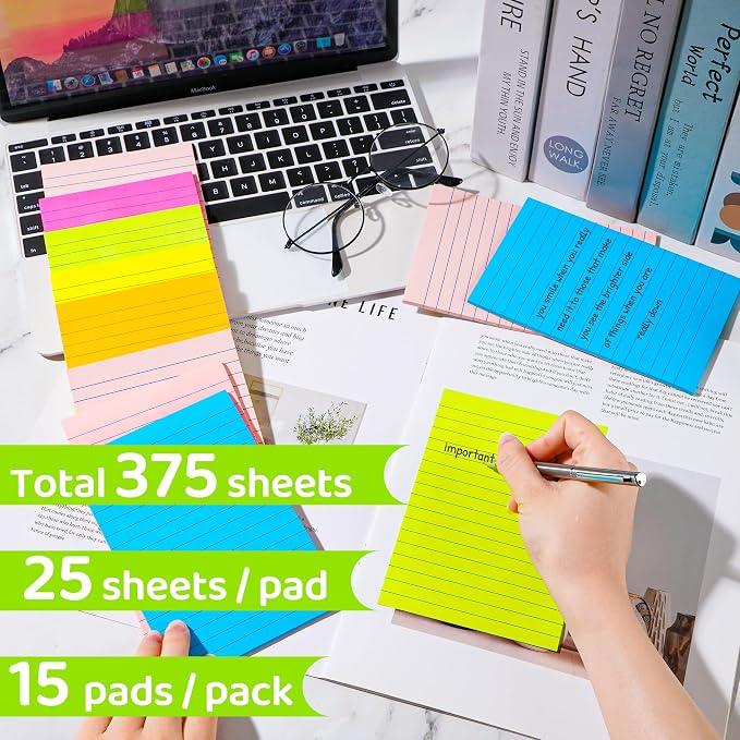 Lined Sticky Notes 4 x 6 Inches, 15 Pads, 375 Sheets Total, 7 Bright Colors - Image 3