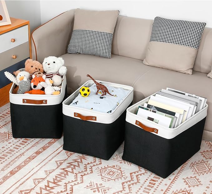 DULLEMELO Large Storage Baskets Fabric Storage Bins, Canvas Storage Basket for Shelf Toys, Decorative Large Storage Bins with Handle for Baby Gift(White&Black)-DeskLoop Office