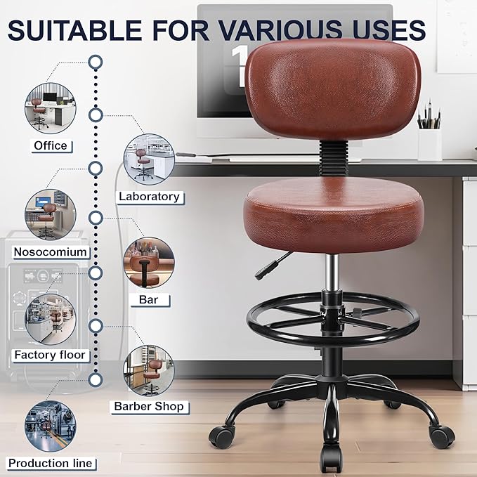Drafting Chair with Backrest – Adjustable Foot Rest Rolling Stool with Wheels, PU Leather Swivel Stool for Office Spa Studio Lab Counter Salon Home Work Bar Kitchen Shop(Ember Brown)-DeskLoop Office