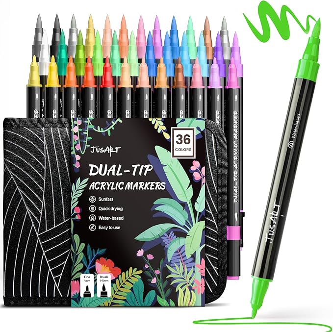 JusArt 36 Colors Acrylic Paint Markers Set With Bag, Dual Tip with Brush Tip and Fine Tip Paint Pens for Rock Painting, Wood, Egg, Canvas, Glass, Stone, Ceramic, DIY Crafts Professional Art Supplies-DeskLoop Office