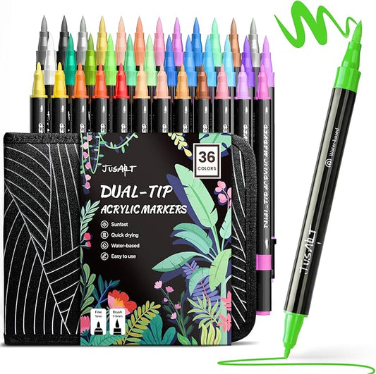 JusArt 36 Colors Acrylic Paint Markers Set With Bag, Dual Tip with Brush Tip and Fine Tip Paint Pens for Rock Painting, Wood, Egg, Canvas, Glass, Stone, Ceramic, DIY Crafts Professional Art Supplies-DeskLoop Office