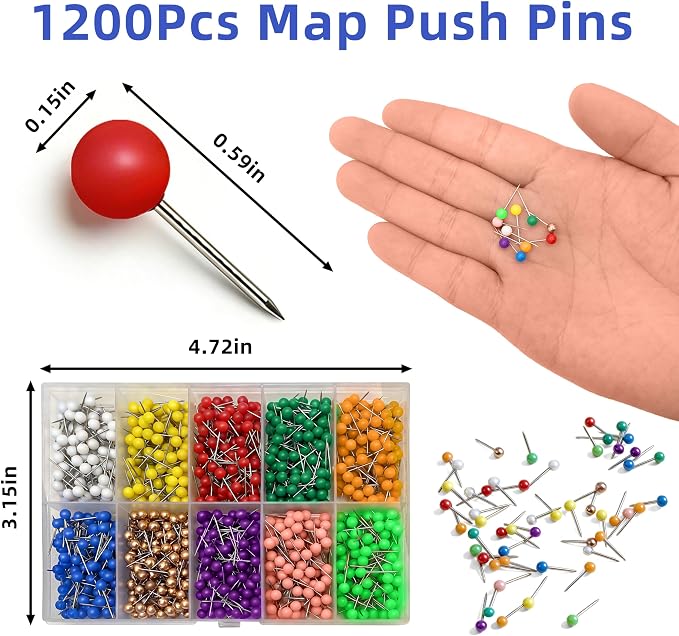 1200 Pcs Multi-Color Push Pins for Travel Map, 1/8" Small Durable Map Tacks - Image 3
