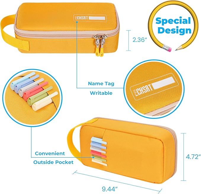 ECHSRT Big Pencil Case, Aesthetic Portable Zipper Pencil Bag with Hidden Pocket, Special Pouch for Men Women Adults, Stationery Organizer Pen Cases for Office Travel, Yellow-DeskLoop Office