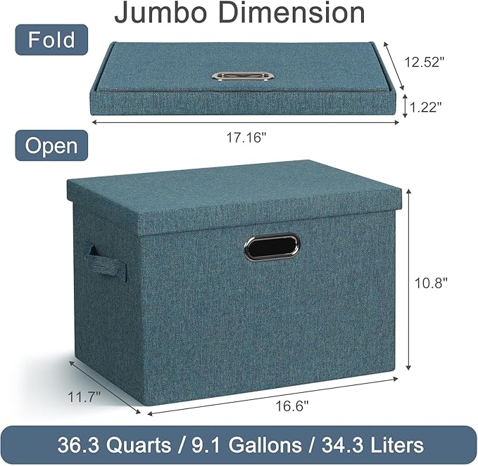 Large 17" 36 Quart Collapsible Stackable Storage Bins with Lids, 3 Packs Blue-Green Linen Fabric Closet Boxes with Lids, Storage Cube Baskets Container Organizers for Bedroom (17x12x11)-DeskLoop Office