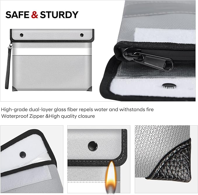 Fire Proof Bag For Documents,5200°F Heat Insulated Fire Proof Pouch with Soft Leather Hand Strap,13.9x10.6 Inch Fireproof Money Bag for Cash/Documents/Valuables(Silvery)-DeskLoop Office