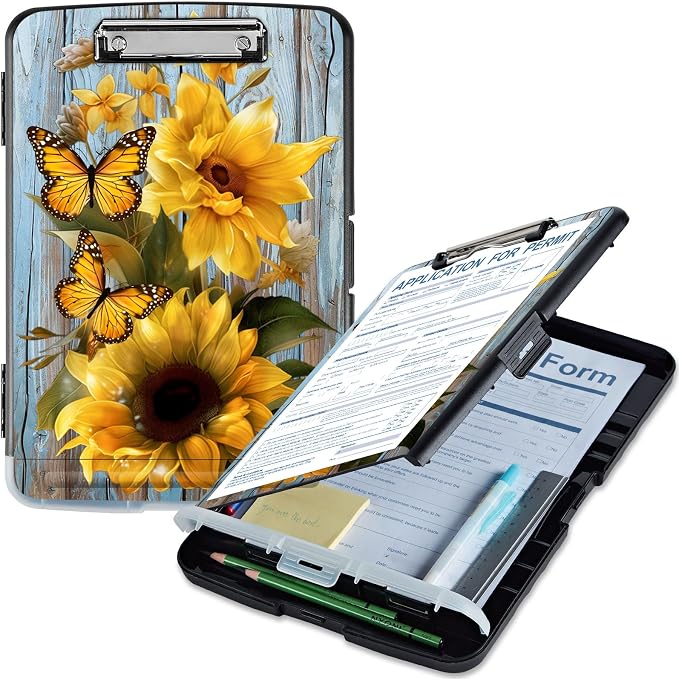 Clipboard with Storage, High Capacity Sunflower Butterfly Storage Clipboard by Qindaiwen