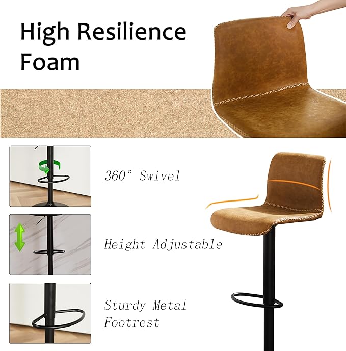 HeuGah Bar Stools Set of 3, Swivel Counter Height Barstools with Back, Adjustable Height 24" to 32", Whiskey Brown Faux Leather Bar Chairs for Kitchen Island (Whiskey Brown, Set of 3 (24'' to 32''))-DeskLoop Office