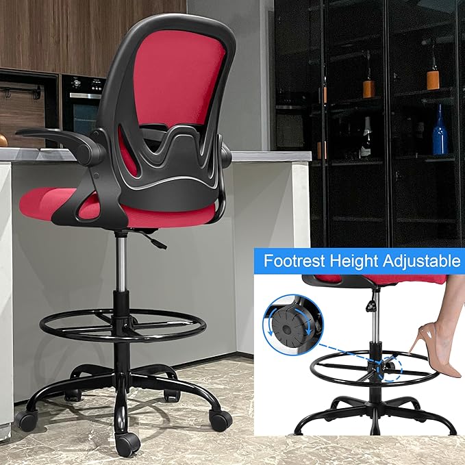 Primy Drafting Chair Tall Office Chair with Flip-up Armrests Executive Ergonomic Computer Standing Desk Chair with Lumbar Support and Adjustable Footrest Ring (Fire Brick)-DeskLoop Office