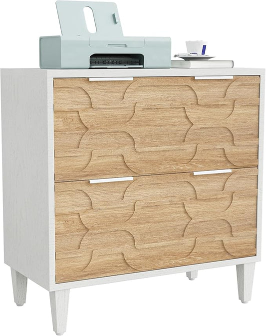 LITTLE TREE 2-Drawer File Cabinet, Lateral Filing Cabinet for A4/Letter/Legal Size, Office Storage Cabinet, Printer Stand with Storage Drawer for Home Office, Wood & White-DeskLoop Office