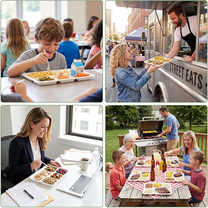75Pack Compostable 5 Compartment Plates 10.25x8.25 inch Divided Paper Food Trays - Image 7