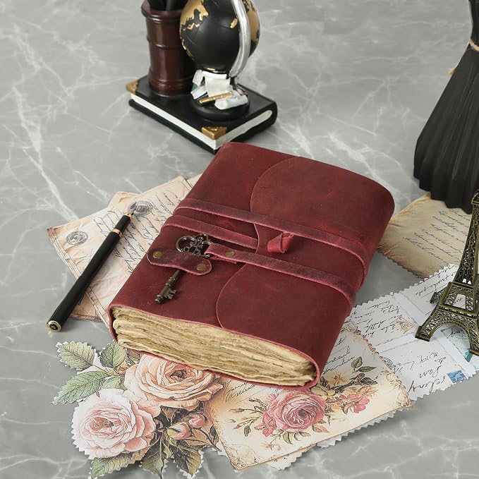 Leather Journal with Unlined Deckle Edge Paper 8x6 inch and Vintage Key | - Image 8