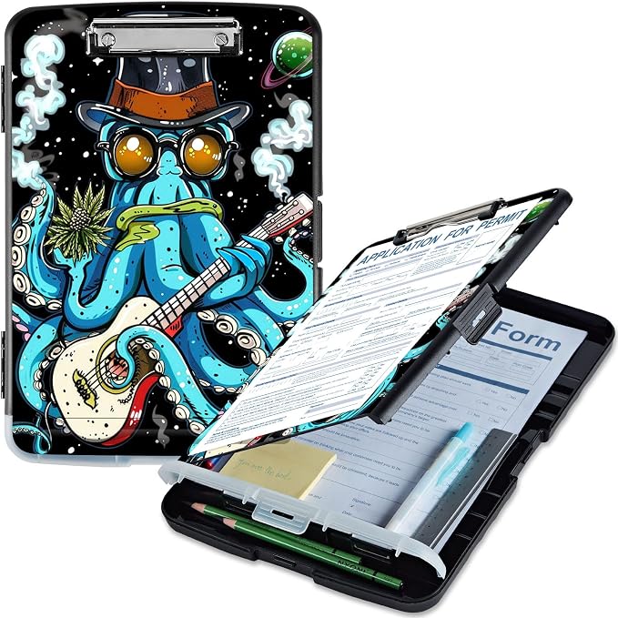 Clipboard with Storage, High Capacity Blue Octopus with Glasses Storage by Qindaiwen