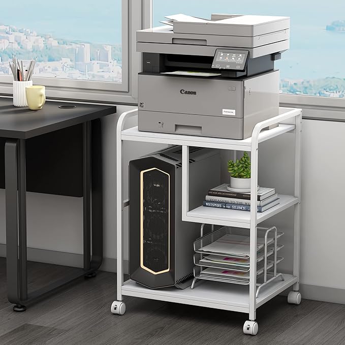 Large Printer Stand Table with Storage Shelf for Host Computer, PC Tower, CPU and Shredder, 3 Tier Rolling Printer Cart with Wheels for Home Office Storage and Organization - White-DeskLoop Office