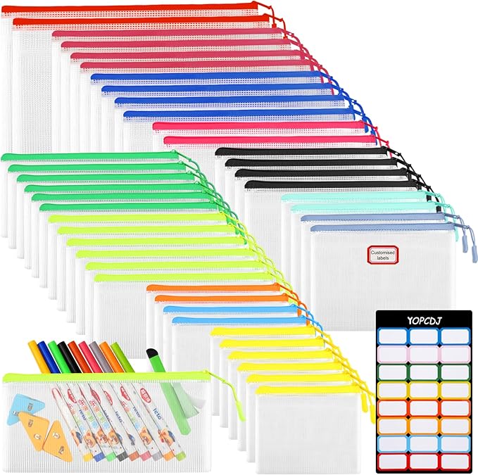 42pcs Mesh Zipper Pouch Bags, Puzzle Bag for Organizing Storage,12 Colors for Puzzles Board Game Storage, 8 Sizes for Reusable Plastic Zip Organizer for Travel-DeskLoop Office