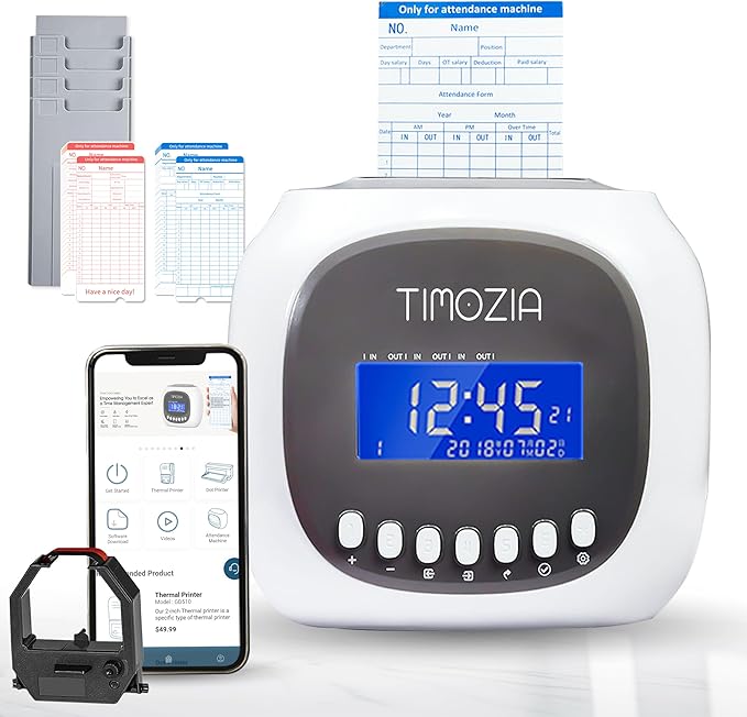 Time Clocks for Employees Small Business, Auto-Align Time Clock, 6 Punches per Day Time Machine, Clock in Machine for Employees with Time Cards, 2 Ink Ribbons and 4 Racks (White-App)-DeskLoop Office