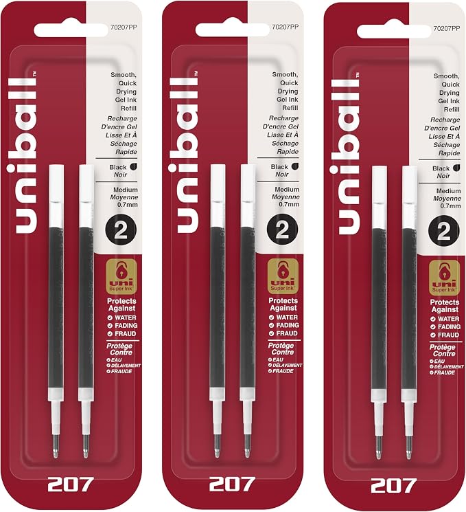 Uniball Signo 207 Gel Pen Refills, 0.7mm Medium Point, 6 Refills by uni-ball