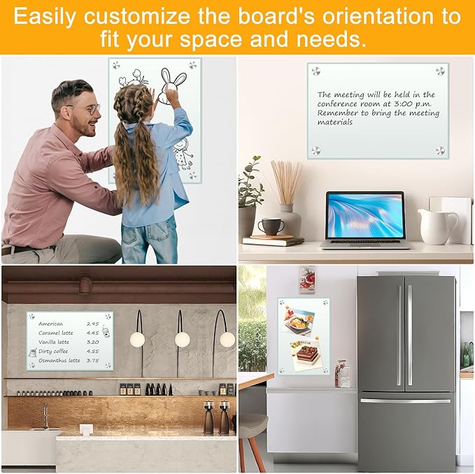H-Qprobd White Board 24”x18“ Magnet Dry Erase Boards Frameless Magnetic Glass Whiteboard for Wall, Wall Mounted Whiteboard Includes 12 Magnets, 8 Markers and 2 Erasers-DeskLoop Office