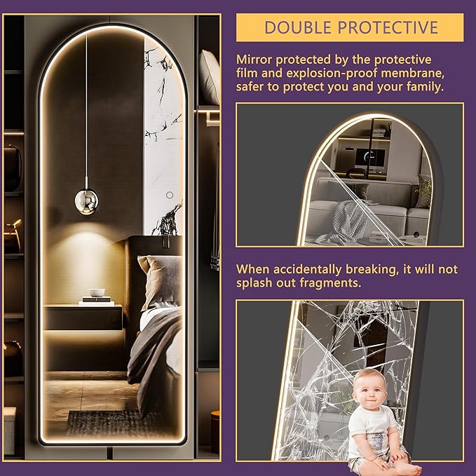 Hasipu 63" x 22" Led Mirror - Full Length, Arch Design, Wall Mounted with Dimming & 3 Color Modes-DeskLoop Office
