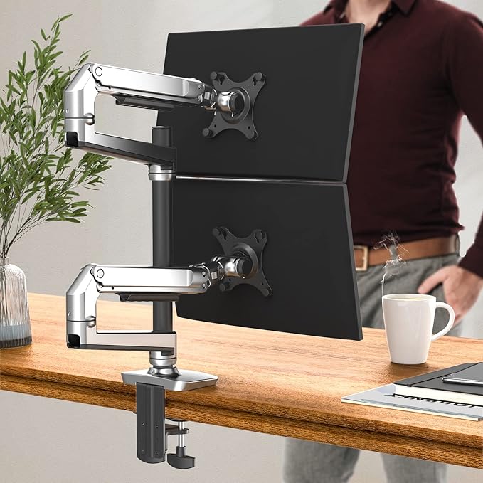 Dual Monitor Mount, Holds Screens up to 40 Inches and 25 lbs, Fully Adjustable Dual Monitor Arm with C-Clamp and Grommet Base, Aluminum, Silver-DeskLoop Office