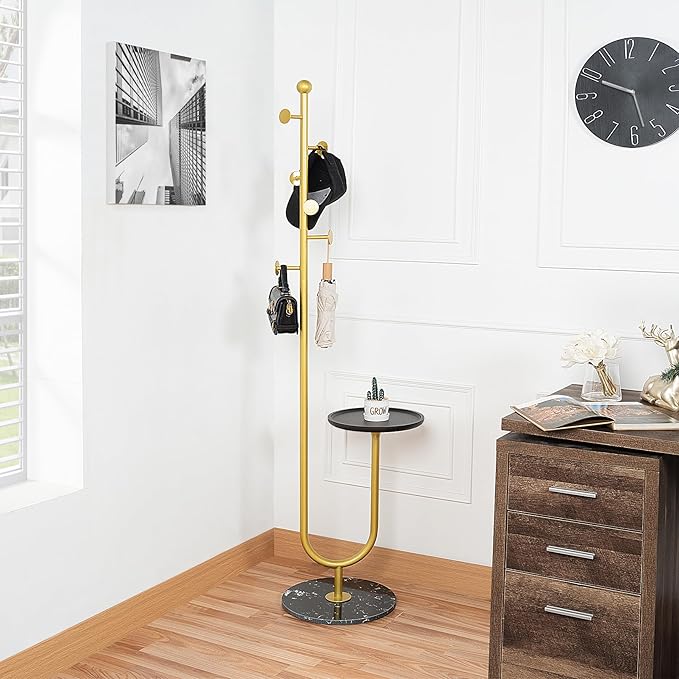 Coat Rack Stand, Metal Coat Tree with Bamboo Tray & 6 Hooks, Heavy Duty Marble Base Corner Coat Stand for Bedroom Hallway Entryway Living Room Office 13.78 x 13.78 x 68.11 Inches (Gold)-DeskLoop Office