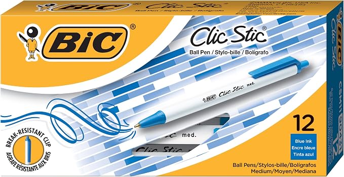 BIC Clic Stic Blue Retractable Ballpoint Pens, Medium Point, 12-Count Pack by BIC