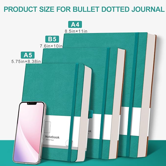 AHGXG Bullet Dotted Journal - 320 Pages Dot Grid Notebook B5 Large Journal, 7.6'' X 10'', 100gsm Thick Dotted Paper, Leather Softcover, with Journal Stencils, Inner Pocket - Cyan-DeskLoop Office