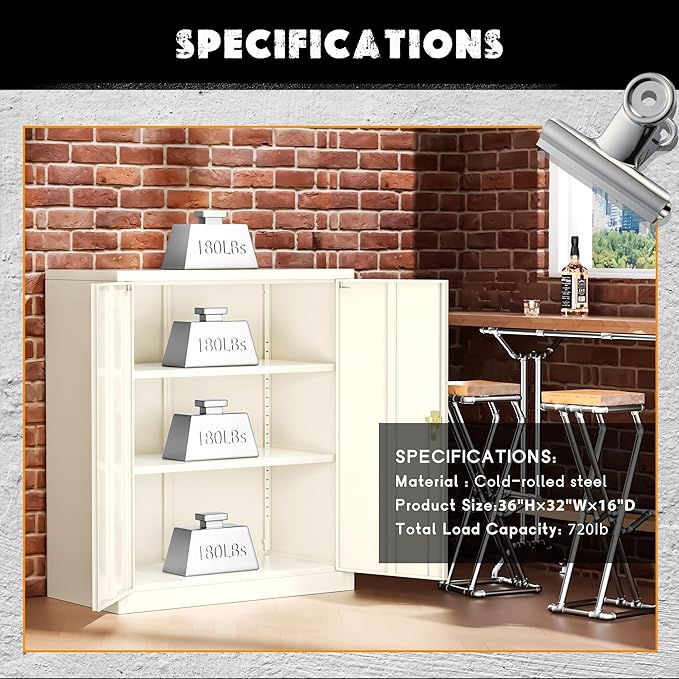 Greenvelly Metal Garage Storage Cabinet, Lockable Metal Cabinets with 2 Doors and Shelves,36”Steel Storage Locking Counter Cabinet for Office,Garage,Kitchen,Home,School(Grey)-DeskLoop Office
