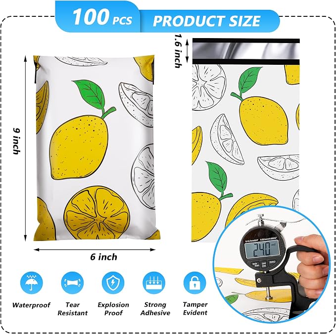Lemon Printed Poly Mailer 6x9 Inch 100 Pcs, Waterproof and Tear-Resistant - Image 2