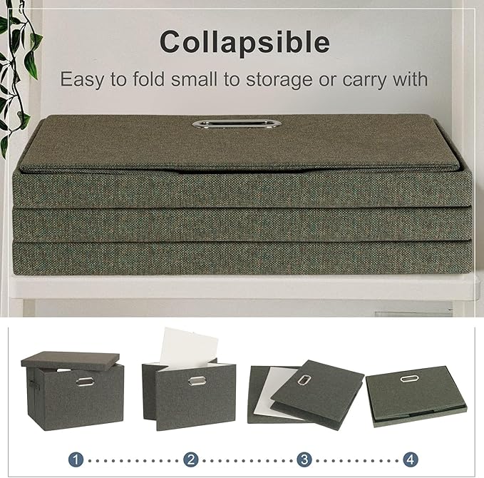 Large 17" 36 Quart Collapsible Stackable Storage Bins with Lids, 3 Packs Dark green Foldable Fabric Closet Storage Boxes with Lids, Heavy-duty Linen Cube Baskets(17x12x11)-DeskLoop Office