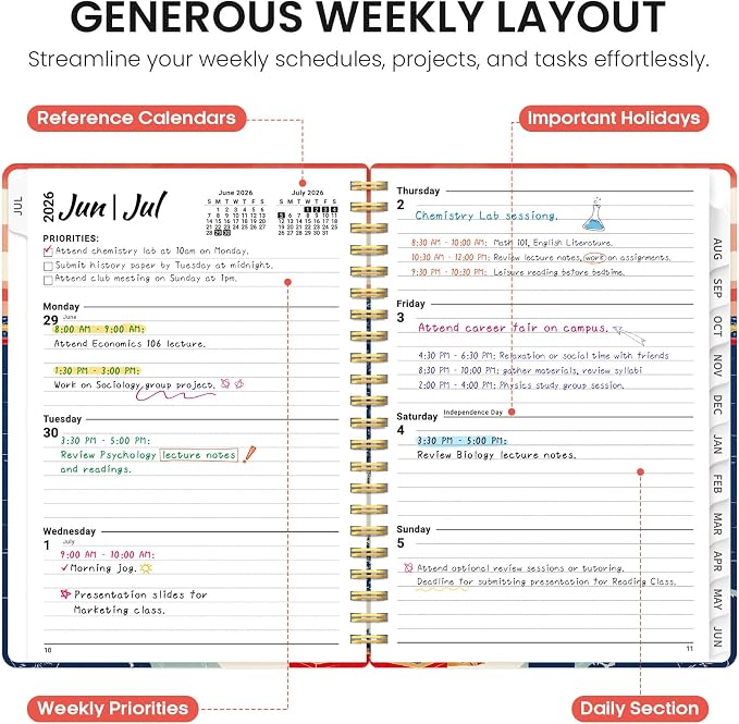 Planner 2026–2027, Academic Monthly Weekly Spiral Calendar, July 2026 – June - Image 3