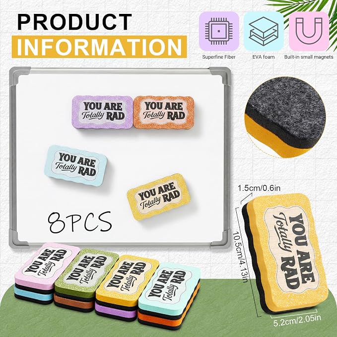 Lincia 8 Pcs Magnetic Dry Erase Erasers Composition Whiteboard Dry Erasers - Image 2