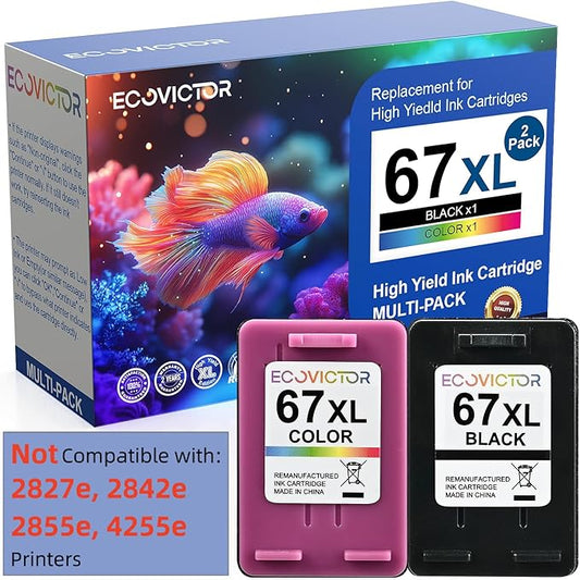 EcoVictor Remanufactured 67XL Ink Cartridge Replacement for HP Ink 67 XL HP67XL Black and Color Combo 2 Pack for DeskJet 4155e 2755e 2700 2700e 4100 4100e 2320 Envy 6000 6055 6400 6055e 6455e Printer-DeskLoop Office
