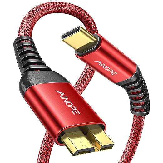 AINOPE 10Gbps Micro B to USB C Hard Drive Cable, [Nylon Braided] USB C to Micro B Cord, USB C to External Hard Drive Cable for Seagate WD Westgate, iPhone 16 Pro MacBook Air M2 Pro, 1.6FT, Red-DeskLoop Office