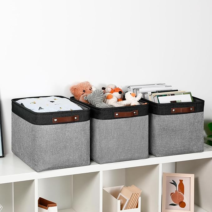 DULLEMELO Fabric Storage Bins - Decorative Large Baskets for Home Shelves & Bedroom, Canvas Toy Organizers (Black & Gray)-DeskLoop Office