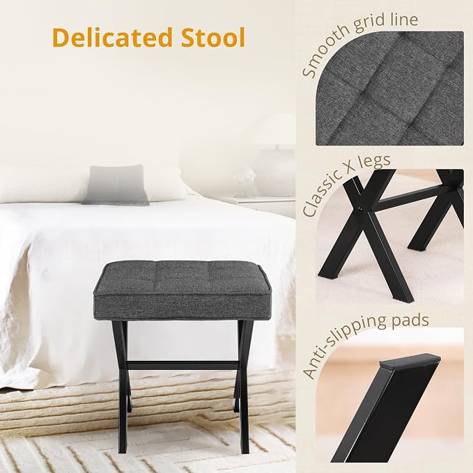 LUE BONA Vanity Stool, Square Linen Makeup Stool - Image 8