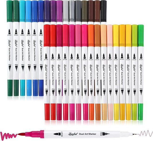 Dual Tip Art Markers for Adult Coloring 32 Colored Pens | Fine and Brush Tip by Leceha