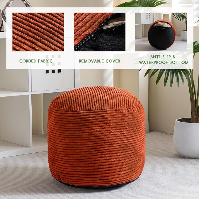 HIGOGOGO Round Stuffed Pouf Ottoman, Corduroy Poufs - Image 3