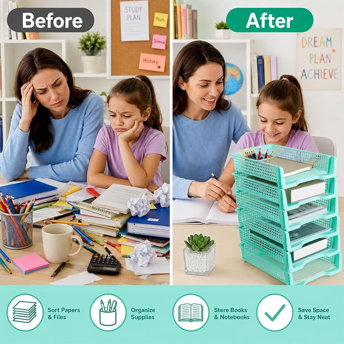 Set of 6 Teal Turn in Trays for Teachers Stackable Classroom Paper Letter Trays - Image 6
