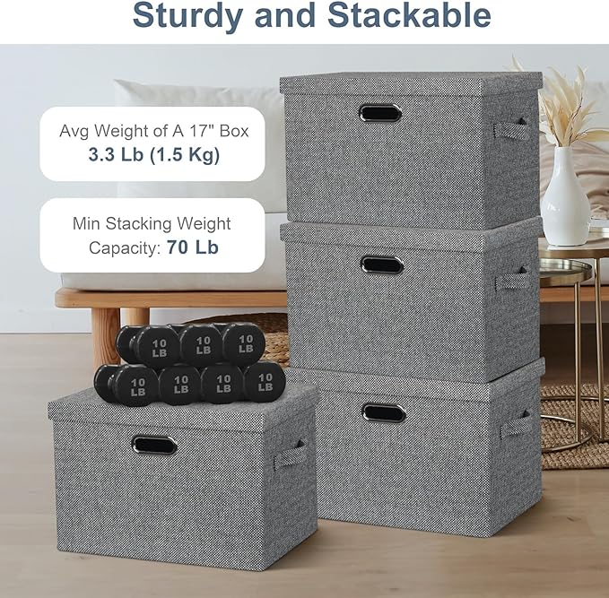 Large 17" 36 Quart Collapsible Stackable Storage Bins with Lids, 3 Packs Black and White Mix Linen Fabric Closet Boxes with Lids, Storage Cube Baskets Container Organizers (17x12x11)-DeskLoop Office