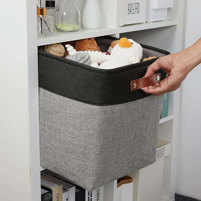 DULLEMELO Storage Bins for Organizing,Closet Storage Baskets for Gift Empty,Large Linen Canvas Storage Bins with Handles for Home Office Toys Shelves(Black&Grey, 13 inch Cube)-DeskLoop Office