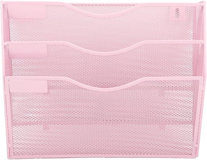EASEPRES 3 Pocket Mesh Hanging Wall File Organizer, Wall Mounted Mail Paper Document Folder Holder, Clipboard Storage Organization Magazine Rack with Nametag Label for Office Home School, Pink-DeskLoop Office