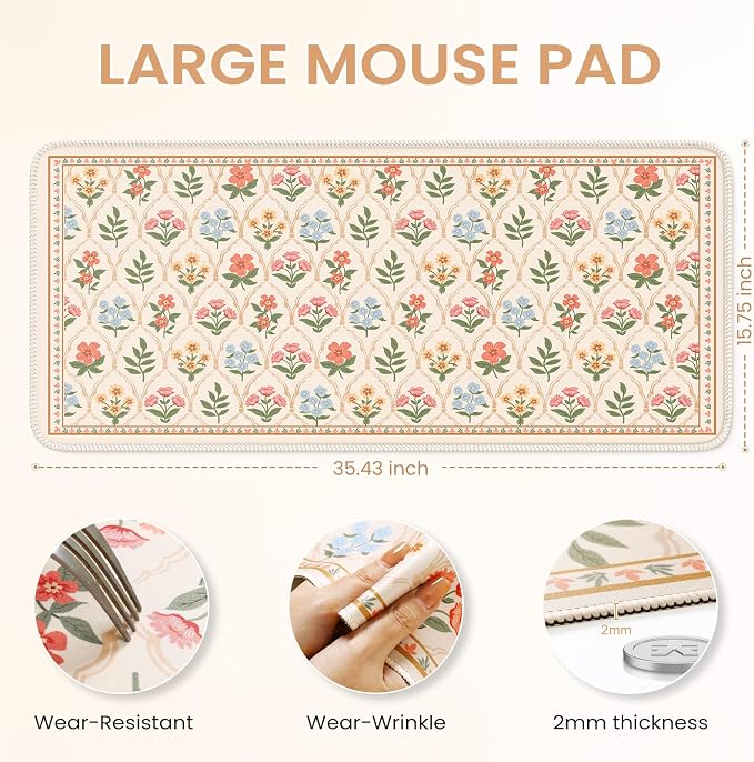 iCasso Floral Desk Pad Mat, Large Mouse Pad, Desk Matt - Image 3