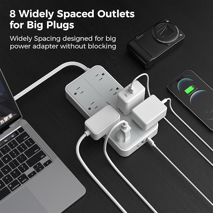 Flat Plug 15 FT Extension Cord, TESSAN Surge Protector Power Strip with 8 AC and 3 USB(1USB-C) Ports, 1080J Protection, Wall Mount Widely Spaced Charging Station for Home, Office, School, Dorm Room-DeskLoop Office