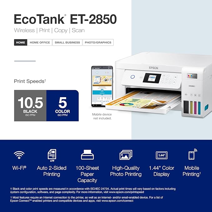 Epson EcoTank ET-4800 Wireless All-in-One Cartridge-Free Supertank Printer with Scanner & EcoTank ET-2850 Wireless Color All-in-One Cartridge-Free Supertank Printer with Scan-DeskLoop Office