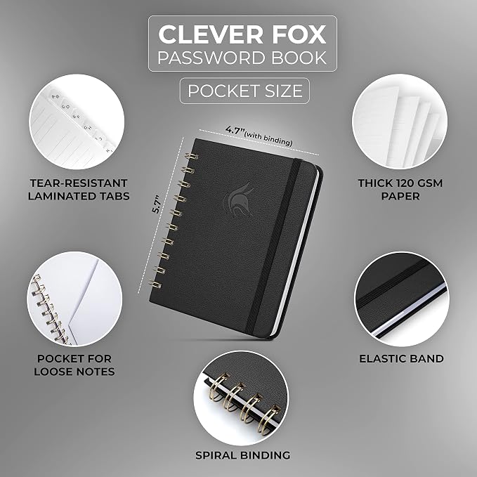 Clever Fox Password Book Spiral – Mini Internet Address & Password Organizer - Image 2