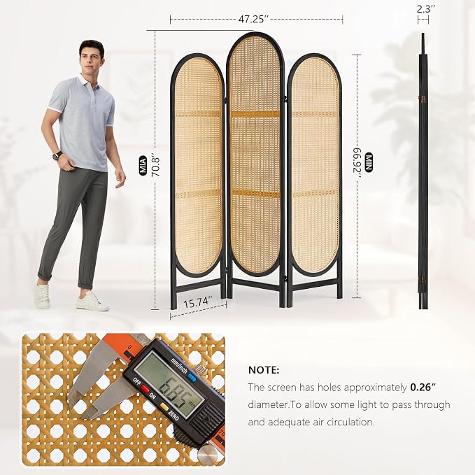 Asnefeli Room Divider 3 Panel, Hand-Woven Rattan Room Divider - Image 6