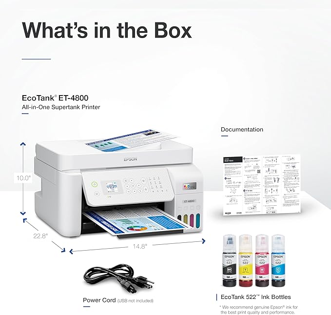 Epson EcoTank ET-4800 Wireless All-in-One Cartridge-Free Supertank Printer with Scanner, Copier, Fax, ADF and Ethernet – Ideal-for Your Home Office, White-DeskLoop Office